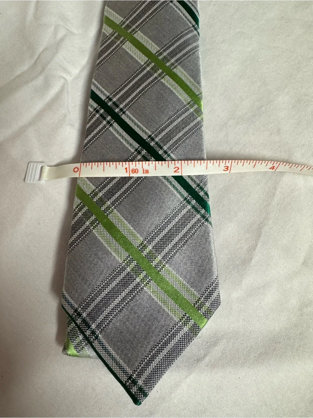 Express Gray Plaid Tie with Light and Dark Green Stripes